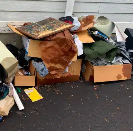 Piled cardboard boxes, clothes, and miscellaneous junk for removal in Annandale VA